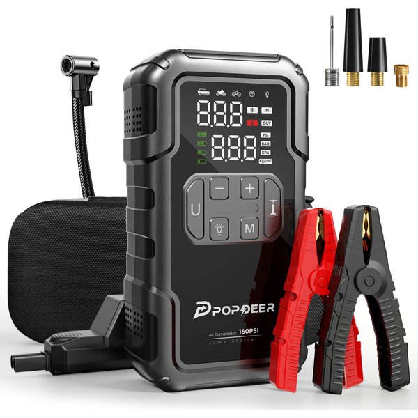 POPDEER PD-JA2 4000A Starthilfe mit 160PSI Luftkompressor, 8,0L Benzin/6,0L Diesel Booster, 600LM Licht & Powerbank, Großer Bildschirm