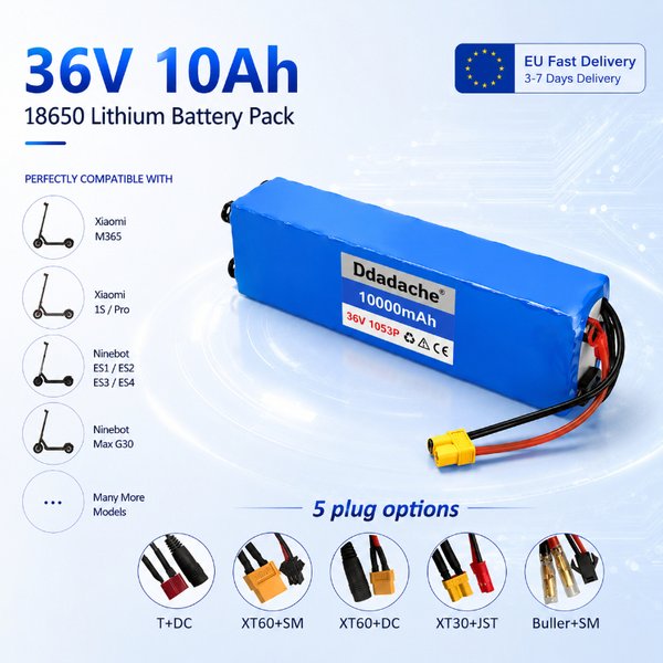 36V 10Ah 10000mAh 10S3P 18650 Lithium-Akku-Pack für Elektroroller, E-Bike, Fahrrad - Wasserdicht, wiederaufladbar mit intelligentem BMS, kompatibel mit 500W Motor, XT60/T-Stecker, DIY-Power-Pack