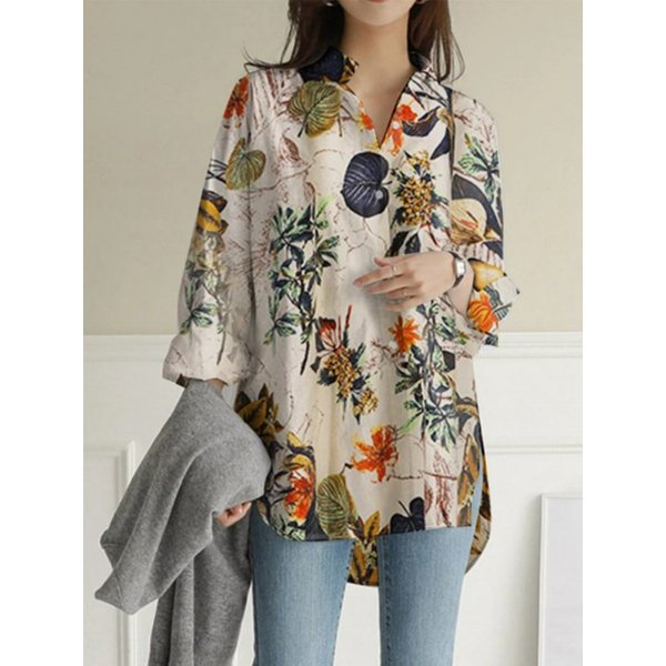 Fashion Woman Blouse 2023 Elegant Long Sleeved Loose Fitting Large Size Cotton Linen Printed Top Youth Woman Blouses