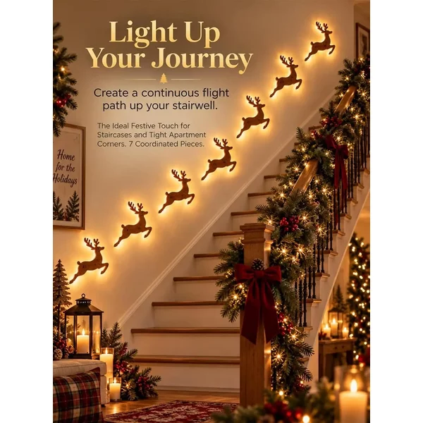 3D Rentier Leuchtender Weihnachtsschlitten Weihnachts-Wanddekoration Innenbeleuchtung, LED Leuchtende Rentiere 3D Holz-Wandkunst-Aufkleber