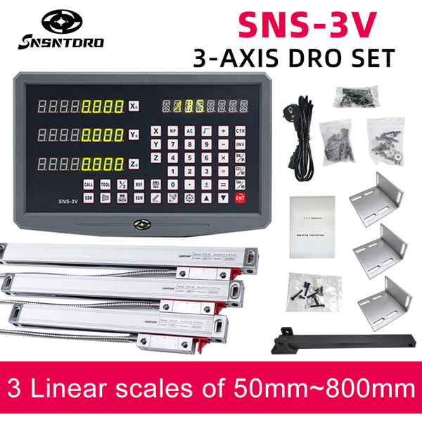 SNS-3V DRO Digitalanzeigekit, AC110 V/220 V-Display und 3 Stück 50–800 mm linearer Skala-Encoder für Fräsdrehmaschine