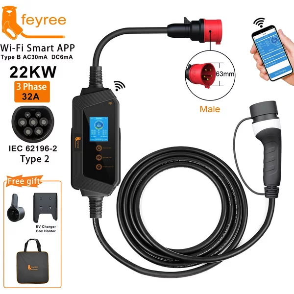Chargeur EV portable Feyree 22KW 32A 3 phases Type 2 avec contrôle Wi-Fi par application, boîte de charge EVSE, station de charge pour voiture électrique