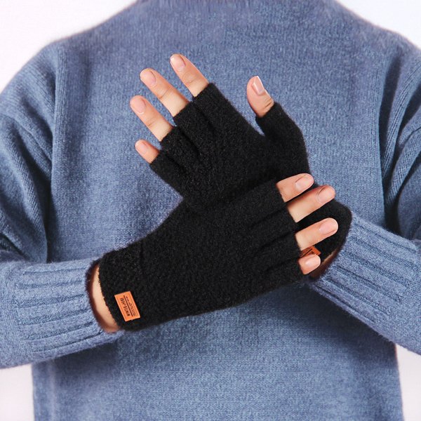 Men's Knitted Gloves Winter Thermal Warm Thick Alpaca Fiber Fingerless Fashion Riding Cozy Writing Office Driving Gloves Elastic