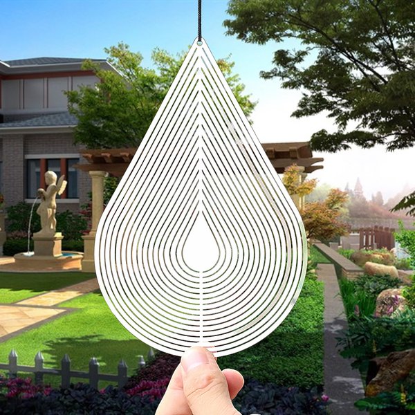 Moulin à vent goutte d'eau 3D, décor suspendu de cour, carillon à vent visuel coulant en acier inoxydable, miroir extérieur réfléchissant répulsif d'oiseaux