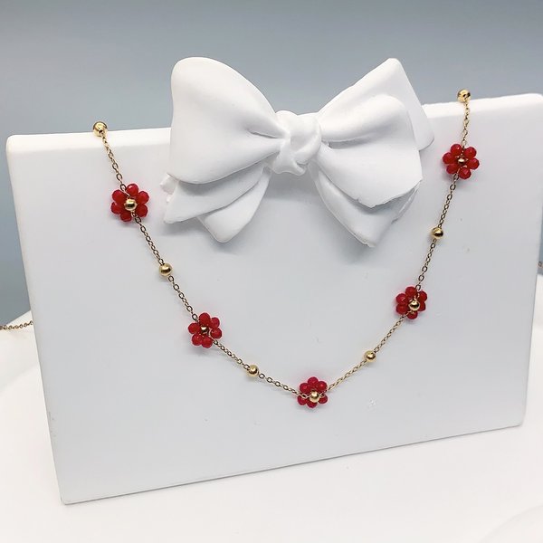 Collier de fleurs en acier inoxydable pour filles, chaîne de clavicule, perle rouge, accessoire d'article, cadeau de rencontre, nouvelle collection automne et hiver 1