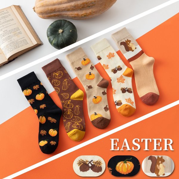 3/5 Paar Damen-Halloween-Socken, lustige Socken für Herbst und Winter, niedliche mittelhohe Socken mit Kürbis- und Eichhörnchenmuster, Oster-Socken.
