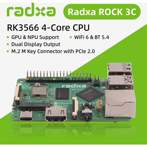 Radxa ROCK 3C RK3566 4-rdzeniowy procesor SBC, GPU, NPU i HDMI z wyjściem 1080P@60, komputer jednopłytkowy