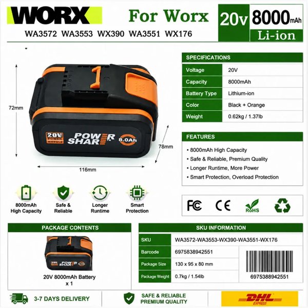 NEUER 20V 6Ah 8Ah Elektrowerkzeug-Akku für WORX WA3014 WA3551 WG630 WG629 WX372 WX390 WX394 WX550 WX523 WX802 WX858 WX900