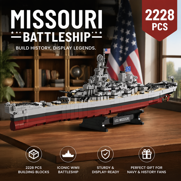 2228-teiliges Missouri-Schlachtschiff-Bausteinset, ikonisches Kriegsschiff der US-Marine, Konstruktions-Bausteinmodell-Set mit 4 Figuren, DIY-Montage-Spielzeug für Erwachsene, ideales Geburtstags- und