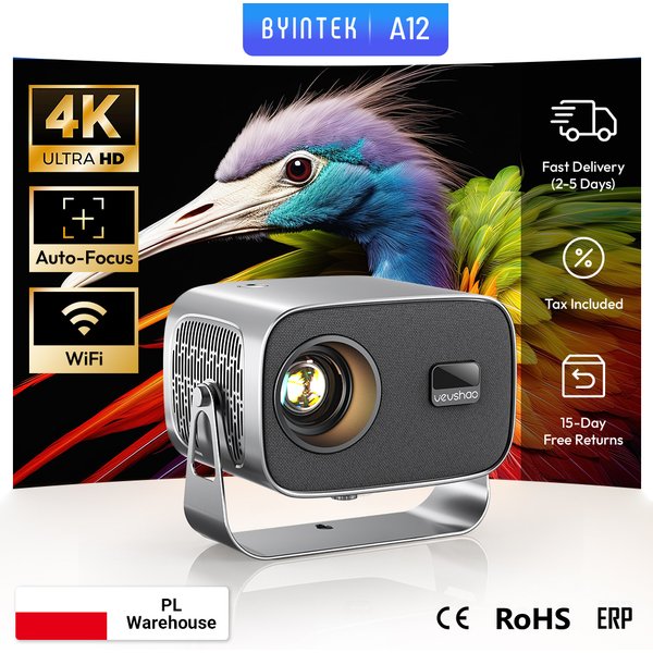Projektor BYINTEK Mini A12 z systemem Android 13, inteligentny projektor WiFi 6, Bluetooth 5.2, automatyczne ustawianie ostrości, korekcja trapezoidalna, przenośny, 1080P, kino domowe, wideo 4K