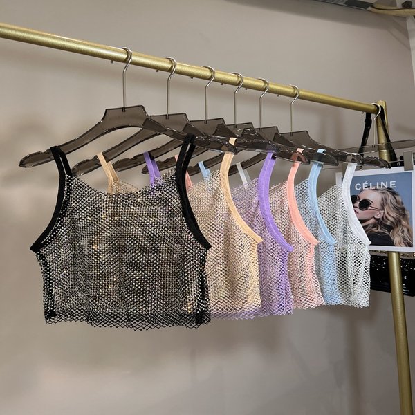 Sommer neue Mesh Diamant Kristall kurze Neck holder Top ab Farbe Diamant sexy innere glänzende taillen lose Tops