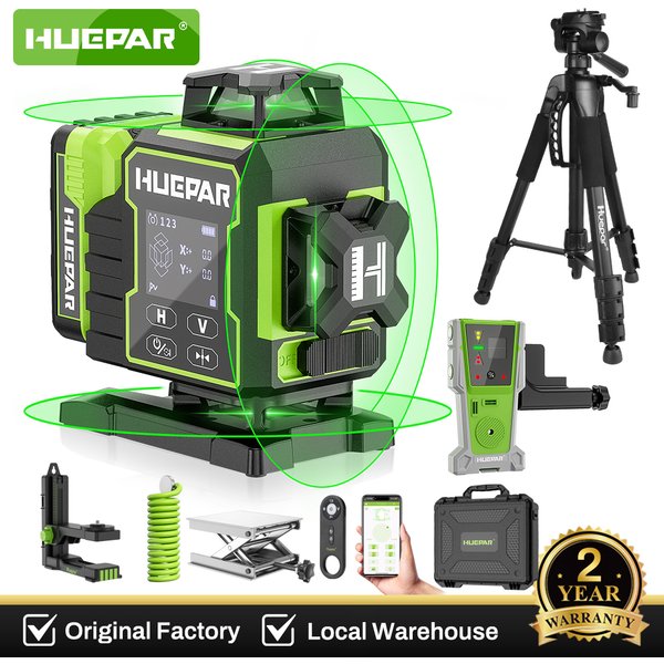 Huepar W04CG Laser Level Selbstnivellierend 4x360 ° Bluetooth 4D Green Lazer Leveler Tool mit elektrisch drehbarer Basis, großem LCD-Bildschirm