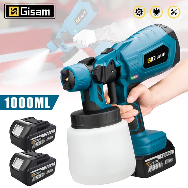 Pistolet natryskowy elektryczny Gisam 1000ML, bezprzewodowy, do malowania, HVLP, do samochodów, mebli, powłok stalowych, aerograf, kompatybilny z akumulatorem Makita 18V.