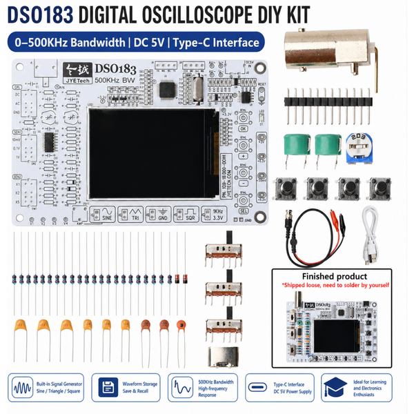Zestaw do samodzielnego montażu oscyloskopu cyfrowego DSO183 DC 5V, oscyloskop 0–500 kHz, zestaw do lutowania elektroniki, złącze Type-C