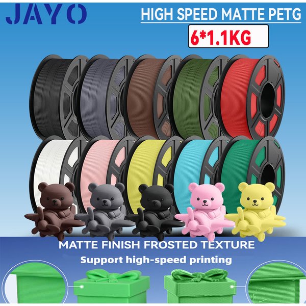 JAYO PETG 3D-Filament 1,75MM Hochgeschwindigkeits-Mattes PETG 3D-Drucker-Filament 6 Rollen High-Flow Speedy Matte Effekt 3D-Druckmaterialien