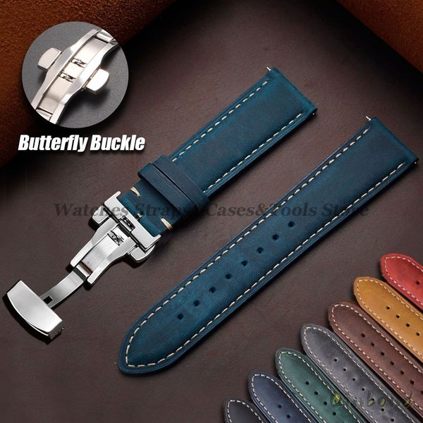 Bracelet en cuir de vache véritable pour bracelet de montre Omega Business pour Seiko 14/16/18/20/22/24mm boucle papillon couture bracelets marron