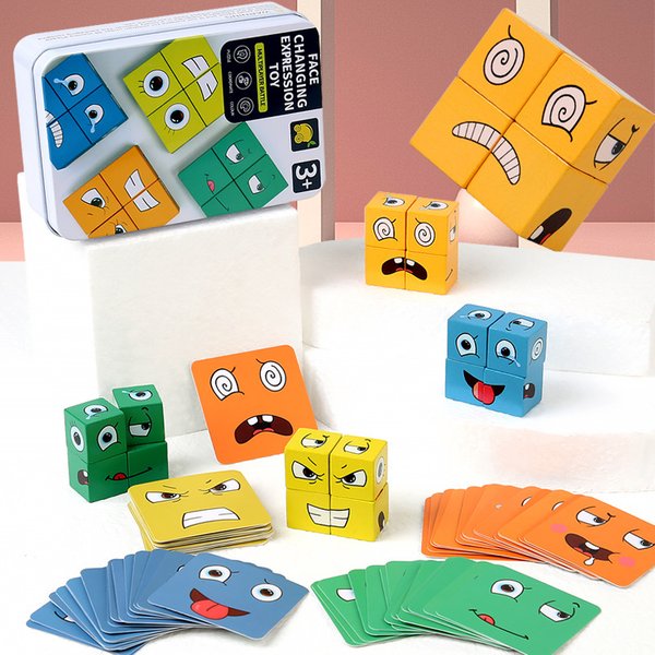 Blocs de construction à changement d'expressions du visage en bois, puzzle, jeux interactifs Parent-enfant, jouets éducatifs Montessori pour enfants