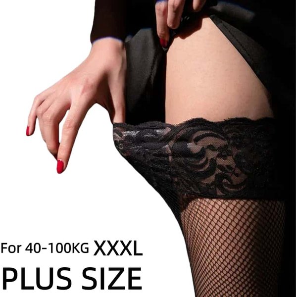 Große, schwarze, spitzenbesetzte Netzstrümpfe in Übergröße, lange Socken für Mädchen, mit Silikon-Anti-Rutsch-Beschichtung, überknielange Netzstrümpfe für Damen, Größe 3XXXXXL, 4XL.