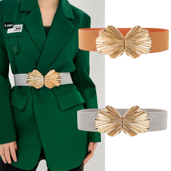 Ceinture large et extensible pour femmes, boucle en coquillage doré, mode rétro, bande élastique brillante, Cummerbund pour femmes