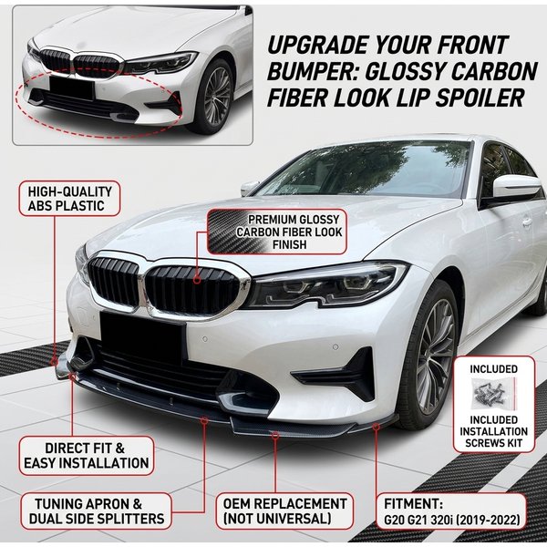 Für BMW 3er G20 G21 Frontstoßstangenlippe Spoiler Splitter 320i 2019-2022 Glänzend Schwarz Carbon-Optik ABS-Kunststoff Ersatz-Karosserie-Kit Tuning-Schürze Direkte Passform Einfache Montage