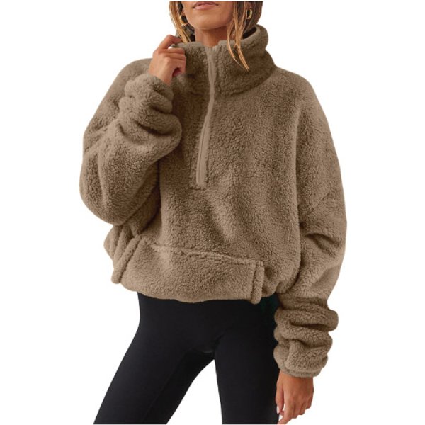 Casual Plüsch Sweatshirt Für Frauen Herbst Winter Mode Neue Lose Einfarbig Pullover Hohe Kragen Zipper Tasche Langarm Top
