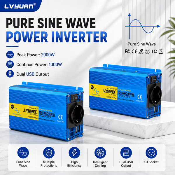 LVYUAN Pure Sine Wave Inverter 12V 24V Models to AC 230V 1000W 1200W 2000W Peak EU Socket Dual USB for Car RV Home Backup Power