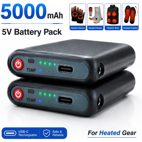 Batterie rechargeable 5000mAh 5V pour vêtements chauffants, gants chauffants, chaussettes chauffantes, gilets chauffants, vestes chauffantes, banque d'alimentation