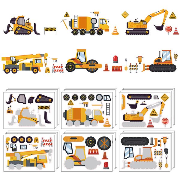 6/12Sheets Kids DIY Construction Vehicle Puzzle Sticker Make Your Own Truck Stickers Assemble Jigsaw Party Favors For Boys Girls