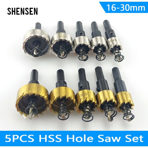 Jeu de scies cloche HSS 16-30mm, 5 pièces, foret revêtu de titane, couronne de perçage pour alliage métallique, acier inoxydable, outil de coupe du bois