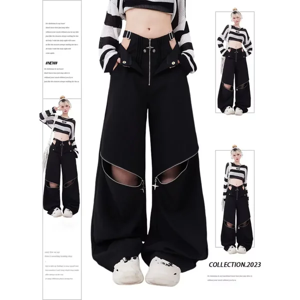 Aushöhlen Zipper Design Hosen Schwarz Cargo Jogginghose Frauen Y2k Mode Baggy Hohe Taille Breite Bein Sport Hosen Kausalen Hosen