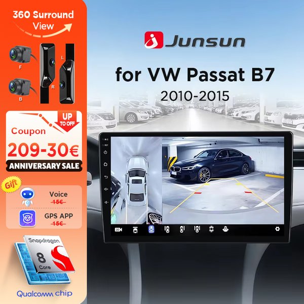 Radio samochodowe Junsun 8Core z kamerą 360 do VW Passat B6 B7 CC 2010-2015, bezprzewodowy CarPlay, Android Auto, stereo, GPS Navi, RDS, WIFI, 4G-LTE