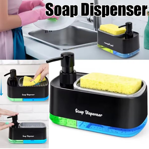 Ensemble d'organisateurs pour évier de cuisine 3-en-1 : Distributeur de savon à double pompe et support pour éponge, rangement de nettoyage gain de place pour comptoirs