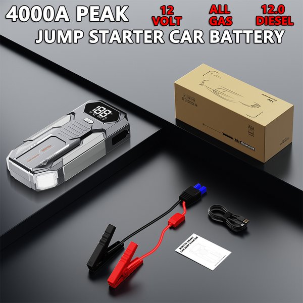 4000A Peak Auto-Starter mit Luftkompressor, Reifenfüller ohne Gewinde, Batterie-Booster mit externem Batteriepack und LED-Taschenlampen, 12V Automatischer Startkasten für alle.