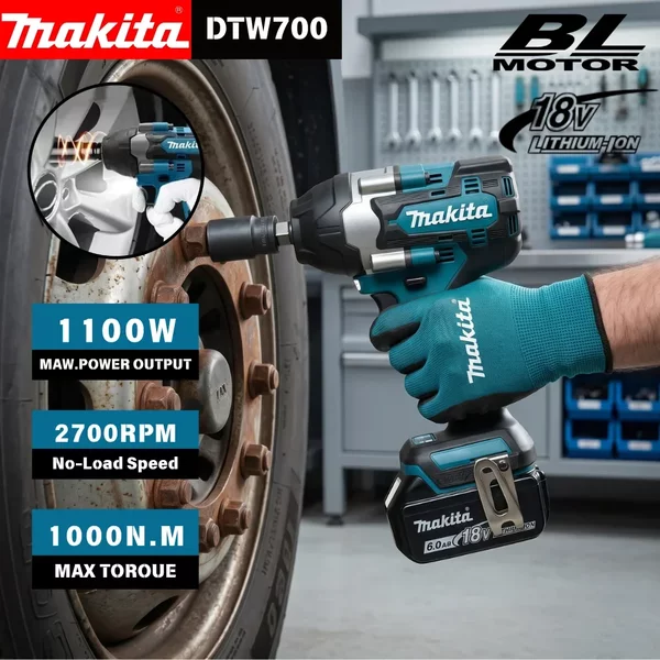 Clé à chocs électrique sans balais Makita DTW700, couple de 1000 N.M, perceuse électrique sans fil, clé de 1/2", outils électriques pour batterie 18 V