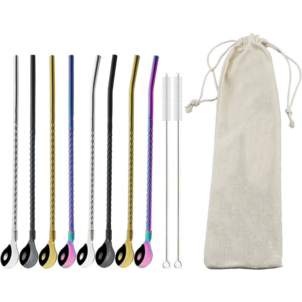 Reusable Straw Spoon 18/10 Stainless Steel Metal Colorful Straw Cocktail Drinking Straw Spoon Milk Bar Coffee Stirring Accessory