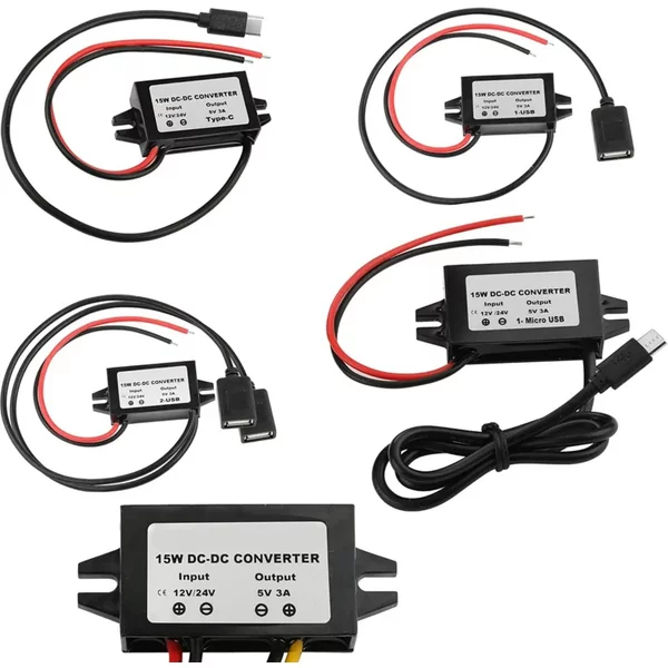 Convertisseur d'adaptateur d'alimentation 12V/24V à 5V 3A DC-DC technologie abati eur USB-A femelle/type C/double USB/connecteur de fil ouvert étanche CE