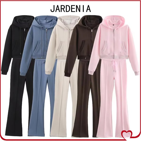 Ensembles de sport 2 pièces tendance pour femmes : Survêtements classiques avec sweat-shirt court en interlock et pantalon évasé à couture avant prononcée