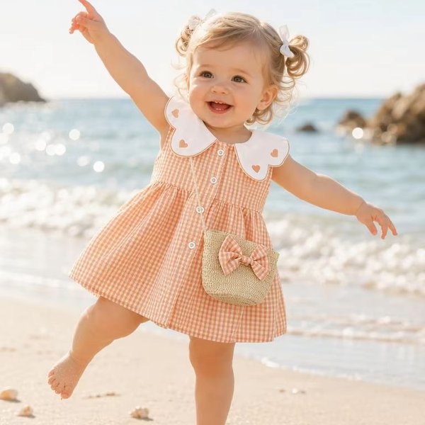 2Pcs/Set Toddler Girl Plaid Dresses Love Lapel Sleeveless Cotton Baby Children Clothes Summer Kids Costume 0 To 3 Years + Bag