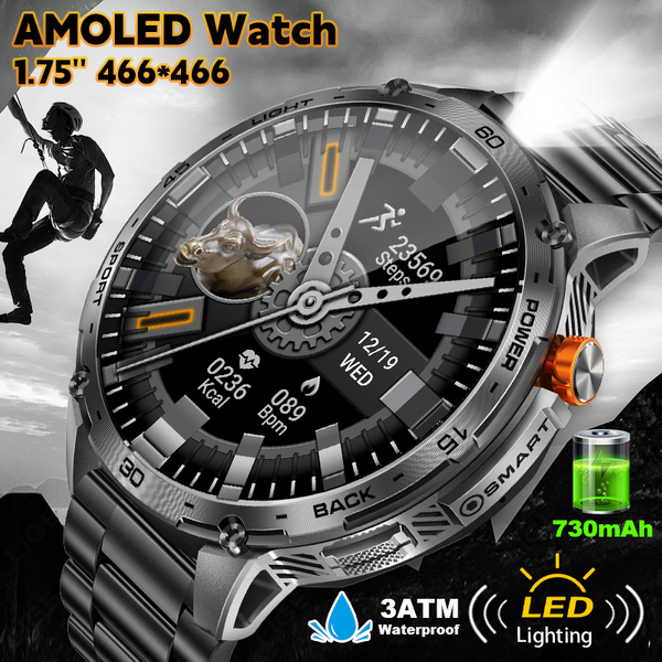 LIGE 2025 Neue 1,75-Zoll AMOLED Outdoor Männer Smart Uhr 3ATM Wasserdichte 730 mAh Batterie LED Taschenlampe Bluetooth anruf Smartwatch