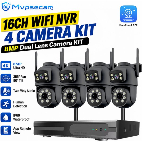 8MP Dual-Objektiv WLAN-Sicherheitskamerasystem 16CH Drahtloses NVR-Kit PTZ 355° Schwenk 90° Neigung Zwei-Wege-Audio Bewegungserkennung Farbnachtsicht IP66 Außenbereich Fernzugriff EseeCloud App