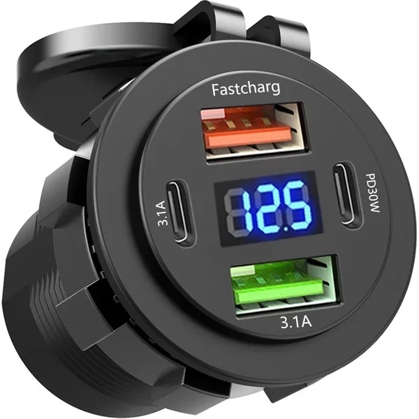 Gniazdo ładowarki samochodowej Dual Type-C i Dual USB 4Ports Gniazdo szybkiego ładowania Wodoodporne z woltomierzem 12V/24V Do samochodu Łodzi Motocykla