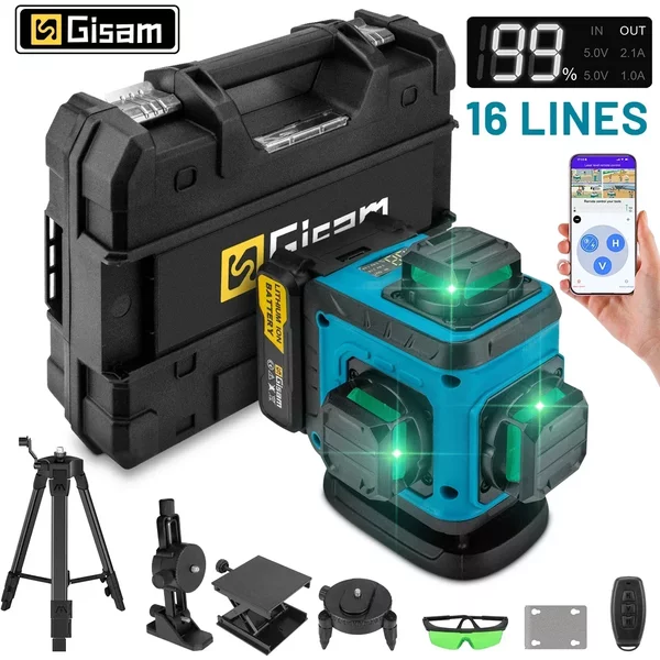 Gismo 4D 16 lignes 360 ° Niveaux Laser auto-nivelants avec trépied et valise, outil de niveau Laser professionnel horizontal et vertical