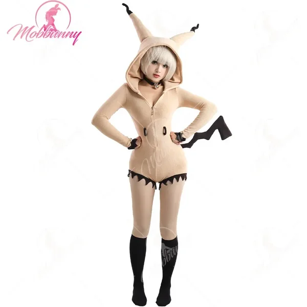 Mobbunny femmes dérivé Sexy moelleux à capuche body profond V Kawaii une pièce Lingerie barboteuses avec tour de cou et chaussettes