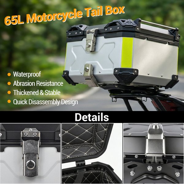 Top case moto 65L, boîte arrière en alliage d'aluminium étanche avec verrou antivol et fixation rapide, adaptable universellement aux motos