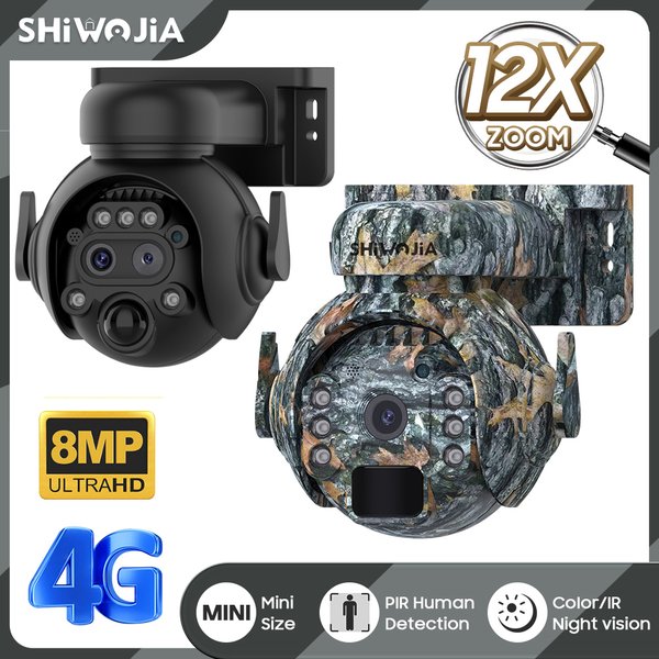 Shiwojia 4k 8mp 12x Zoom 4g Solar Überwachungs kameras drahtlos im Freien 360 ° Ansicht Tier überwachung Tarnung Farbe Batterie Ptz Cam