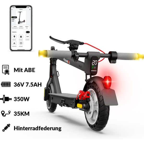 5TH WHEEL Deutscher ABE-Zertifizierter Elektroroller, Schwarz, 350W Motor (500W Spitze), 36V 7,5AH Akku, 20km/h Höchstgeschwindigkeit, App-gesteuert, 120kg Maximallast, Straßenzugelassener