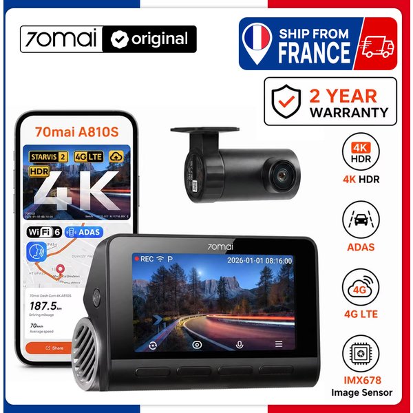 Caméra embarquée 70mai Dash Cam 4K A810S HDR IMX678 Supercapacitor 4G LTE avec télécommande Wi-Fi 6, commande vocale intelligente, GPS, ADAS, caméra de voiture 70mai A810S