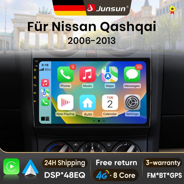 Junsun 9-Zoll Android 15 Autoradio für Nissan Qashqai J10 2006-2013, kabelloses Apple CarPlay, Auto-IPS-Bildschirm, Stereo-Multimedia-Videoplayer, intelligente Fahrzeugsysteme,