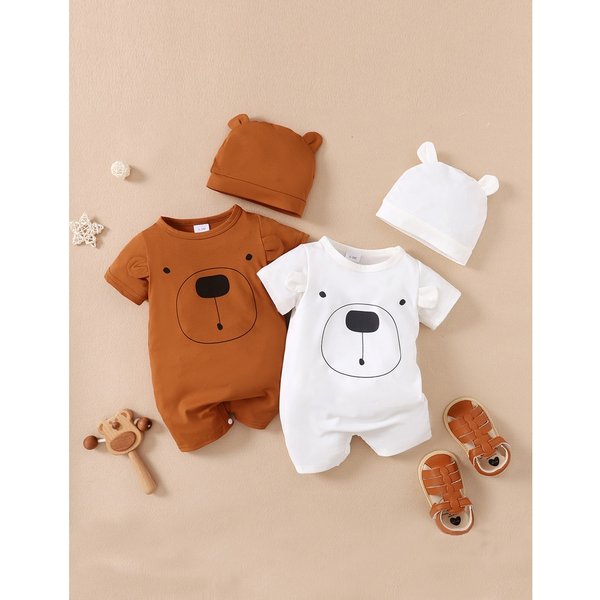 Barboteuse pour bébé garçon de 0 à 18 mois, vêtements pour nouveau-né, ours mignon, manches courtes, body avec chapeau, 2 pièces, combinaison d'été pour bébé garçon