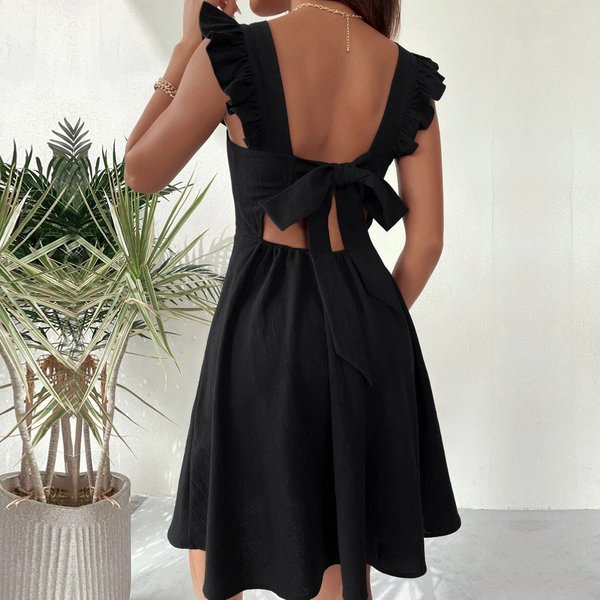 Schwarzes Rüschenkleid mit Fliege hinten, sexy Damenkleid, rückenfrei, ärmelloses Kleid mit Neckholder, A-Linie, Strandurlaubskleider